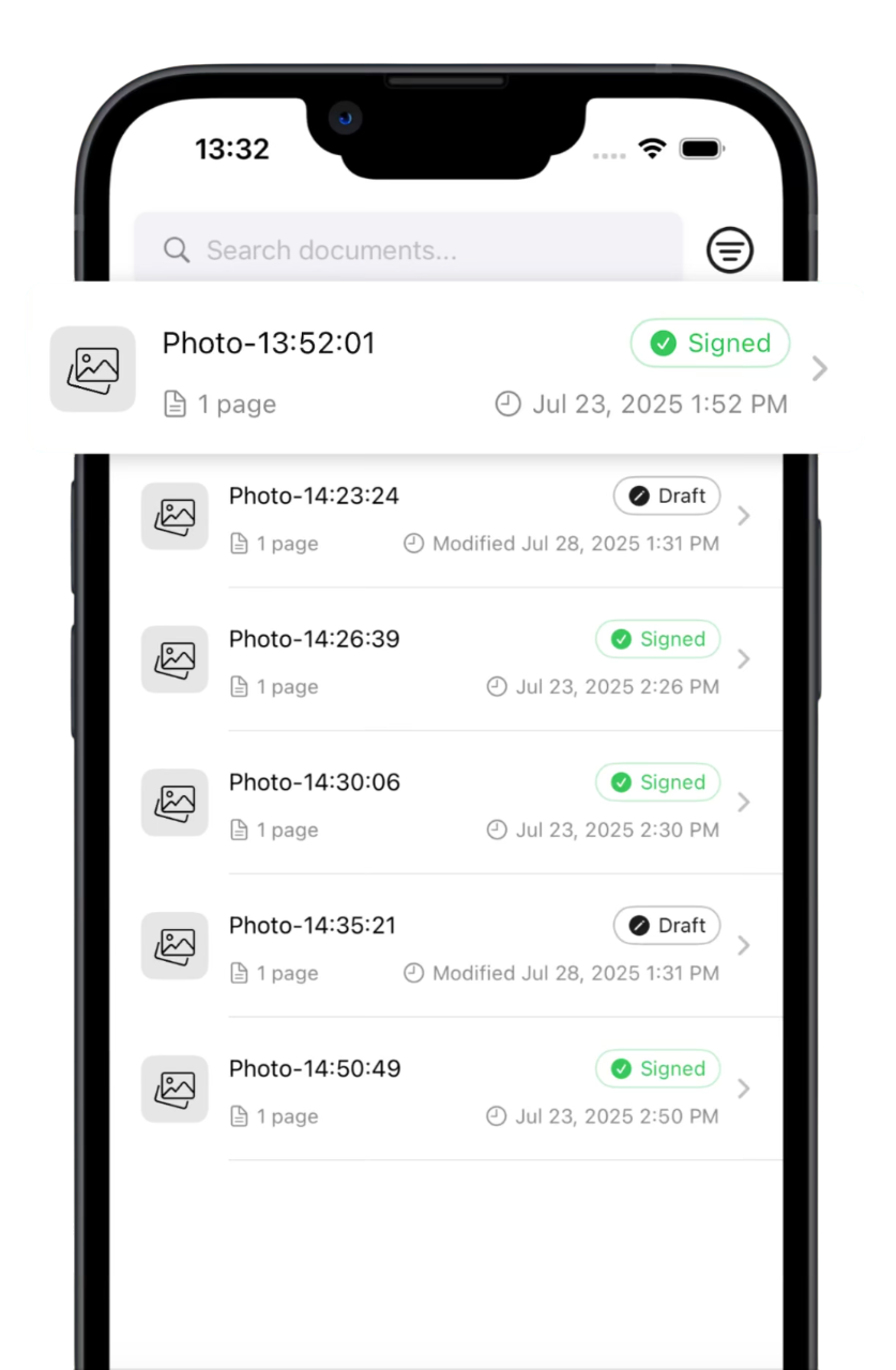 iPhone displaying the SignDocuments app interface with a signed contract